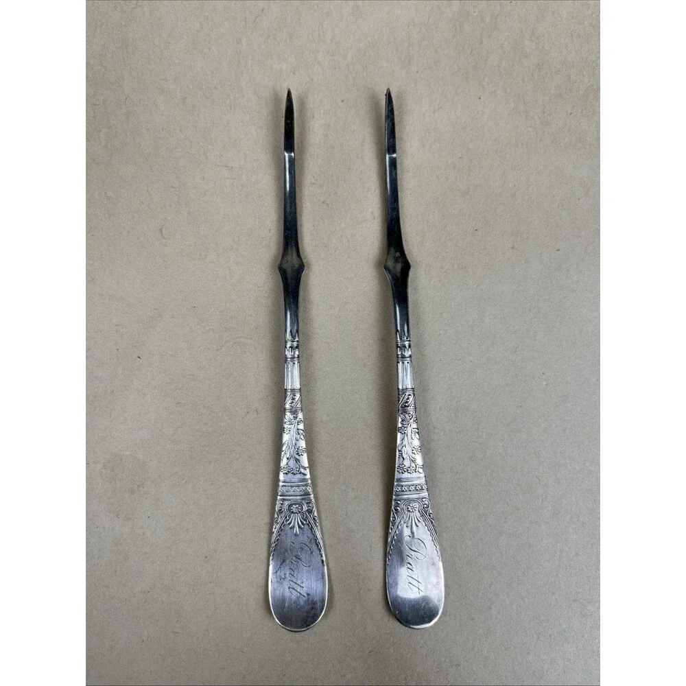 2 Rare Antique Silver Plate Nut Picks 1847 Rogers Bros A1 Lorne Monogram “Partt”